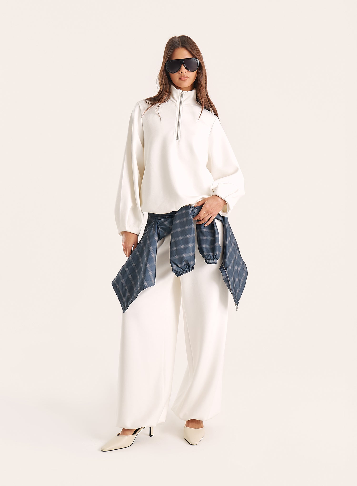 Cream Funnel Neck Quarter Zip Sweatshirt